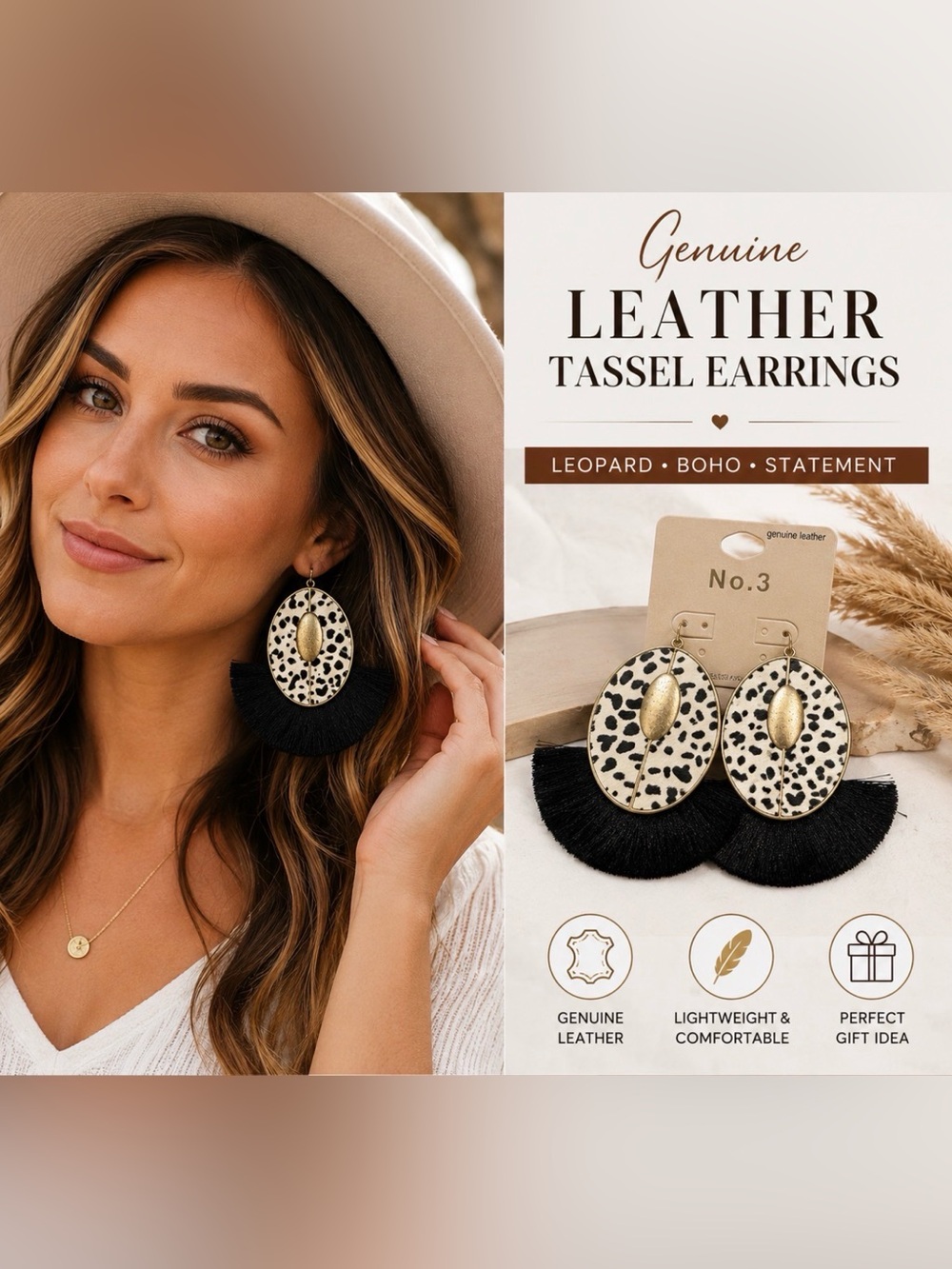 Genuine Leather Leopard Tassel Earrings Black Fringe Boho Statement